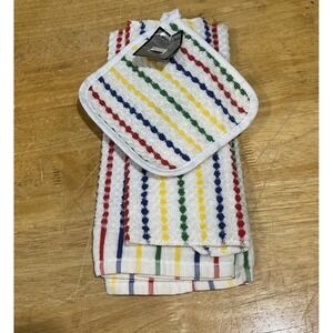 Vtg FW Woolworth Vintage Dish Cloth Towels Pot Holder Set Striped Primary Colors